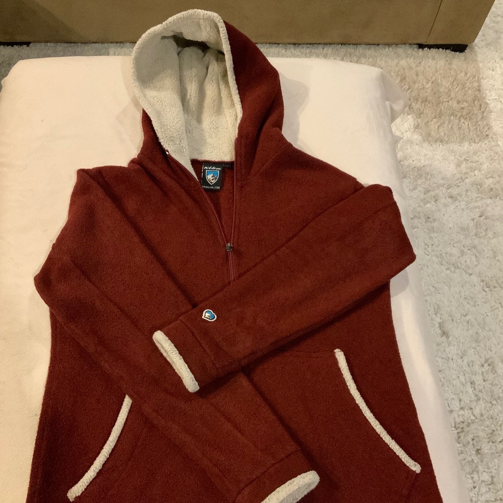 Kuhl Cream Maroon L Hooded Full Zip Adventure Cozy Alpine Cabincore Scandi